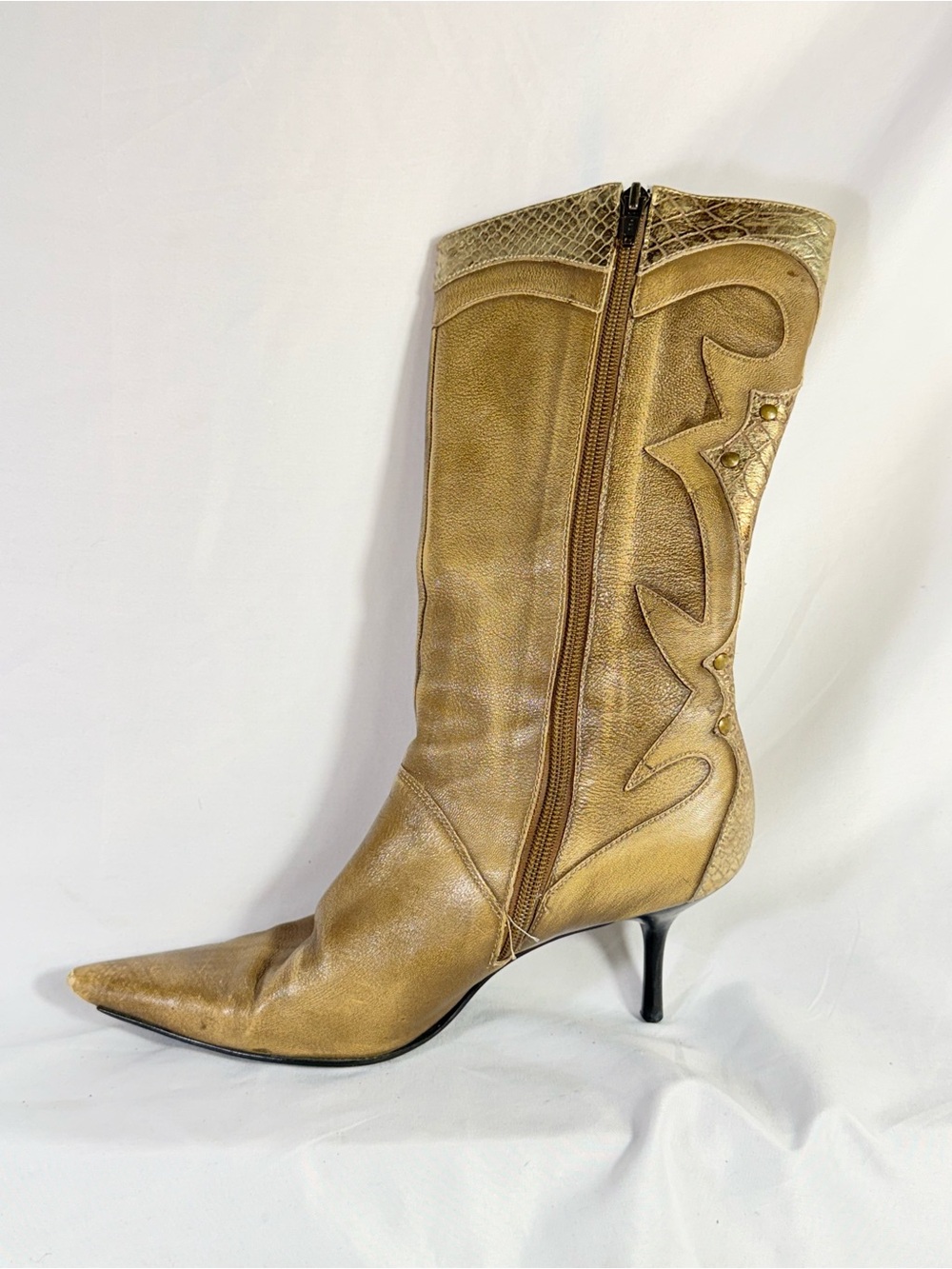 Women's Tan Pointed-Toe size 7 Mid-Calf Leather Boots stiletto tan/ gold